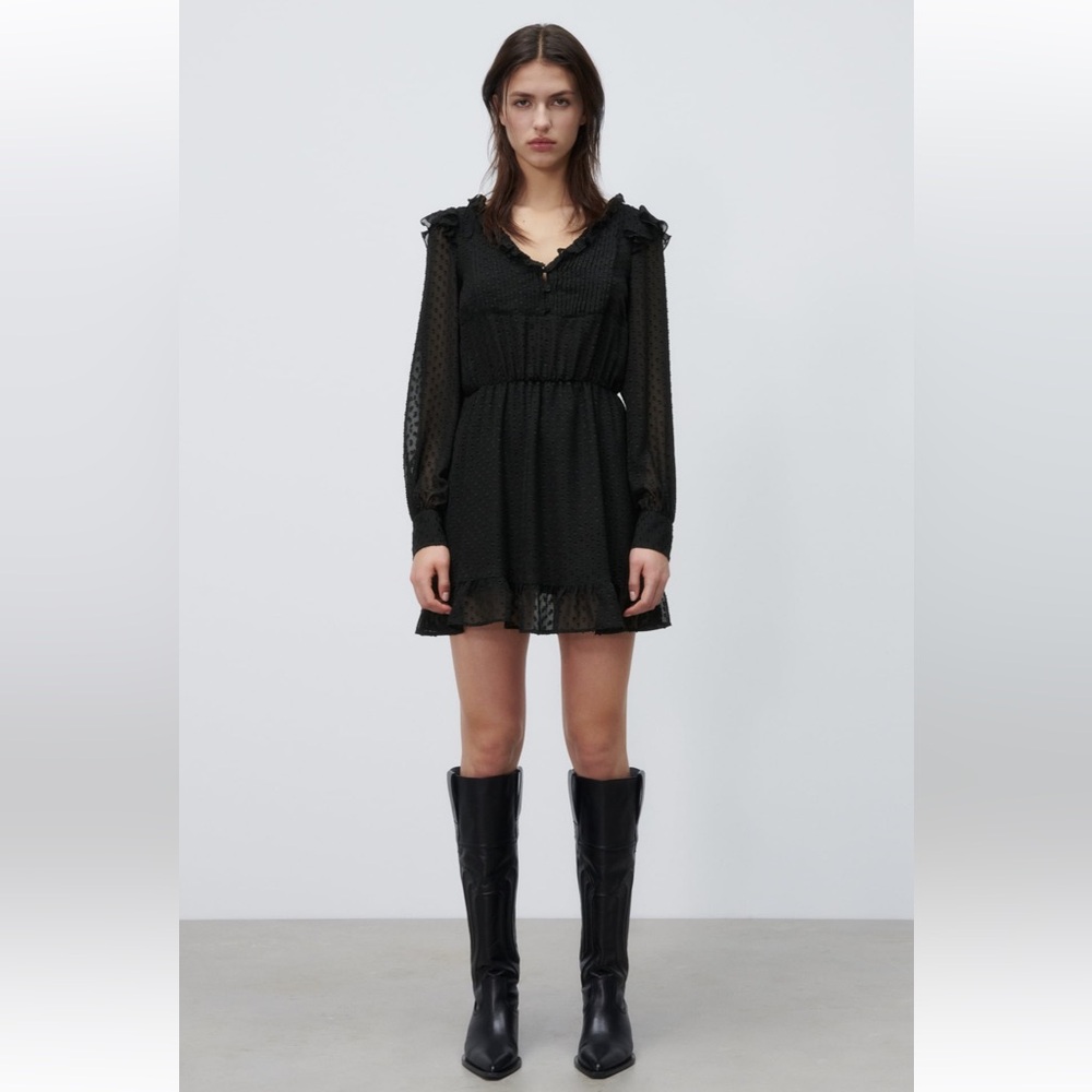 Zara black Swiss dot mini ruffle dress